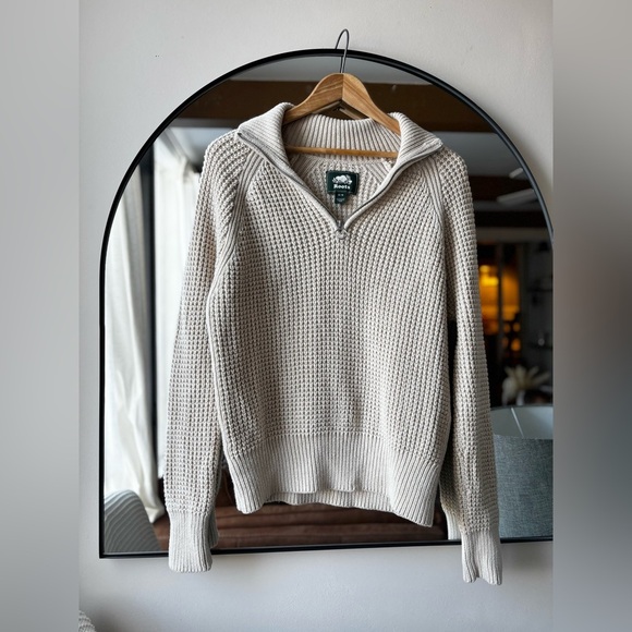 ROOTS | WAFFLE KNIT cotton/ wool three quarter zip sweater | size medium - Picture 2 of 4
